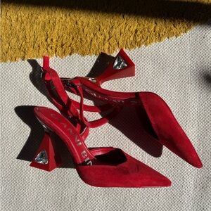 Gianni Bini Tallia Red Suede Asymmetrical Strap Jewel Embellished Pumps Size 7